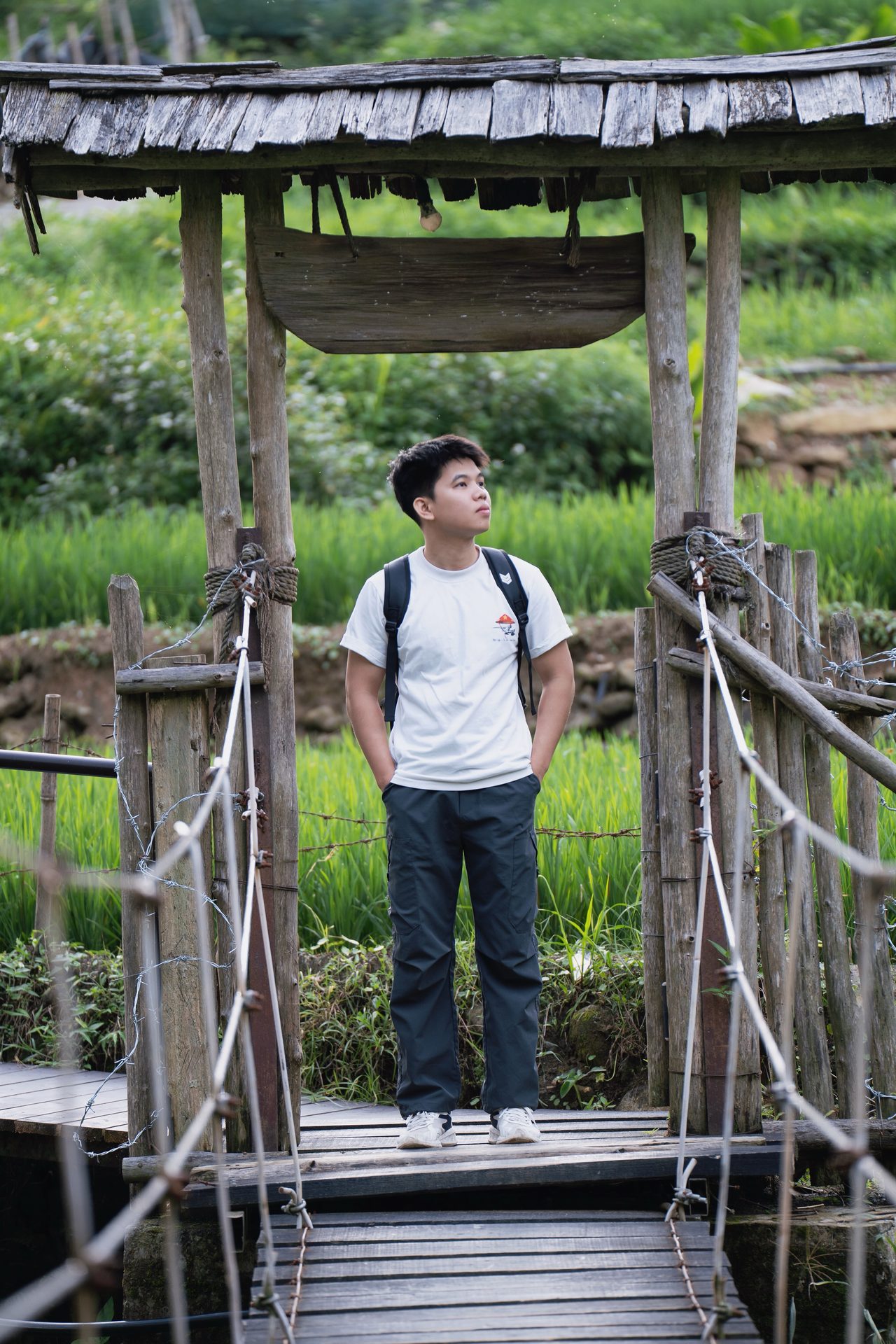 A portrait on a rustic wooden suspension bridge amid the rice fields of Tả Van