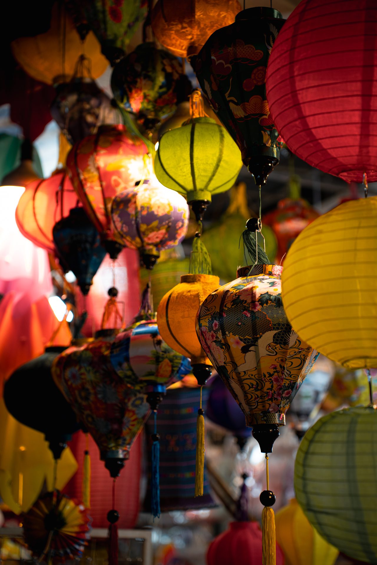 A small corner of Hàng Mã Street in Hanoi's Old Quarter, glowing with lanterns and decorations on the night of the 2025 Mid-Autumn Festival